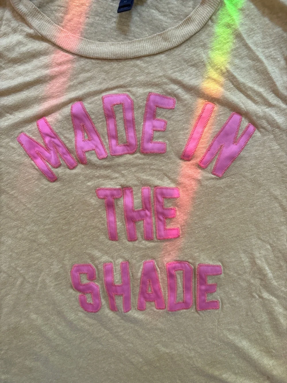J. Crew Yellow 100% Linen Tee with Pink 'Made In The Shade' Applique
